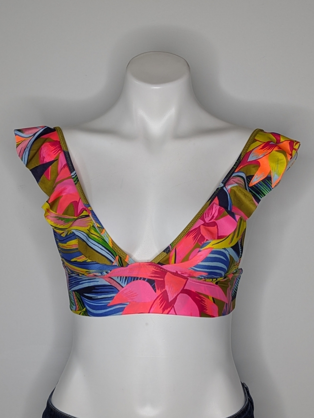 Aerie Pink Blue Yellow Colorful Tropical Ruffle V Neck Bikini Top XS